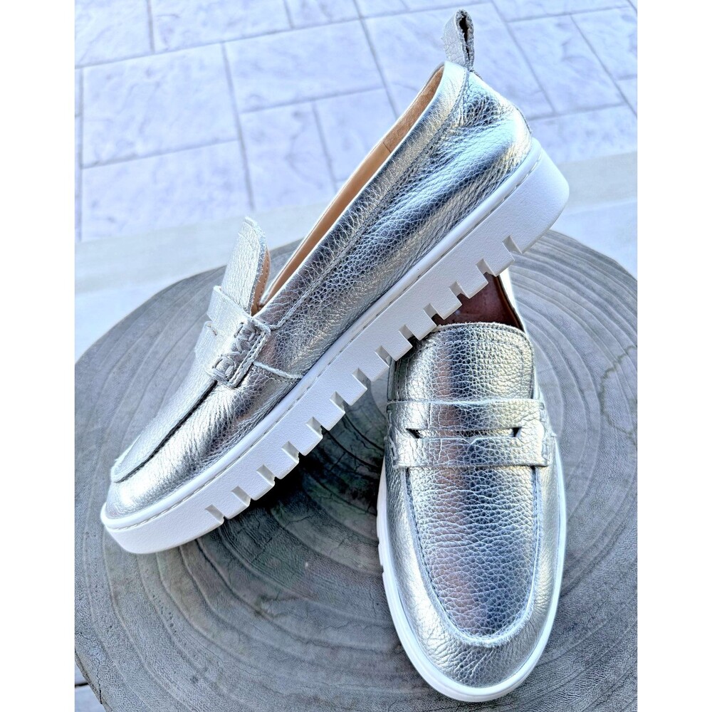 Vionic Uptown Lug Sole Penny Loafer Slip on Comfort Shoe Metal Silver Leather 11